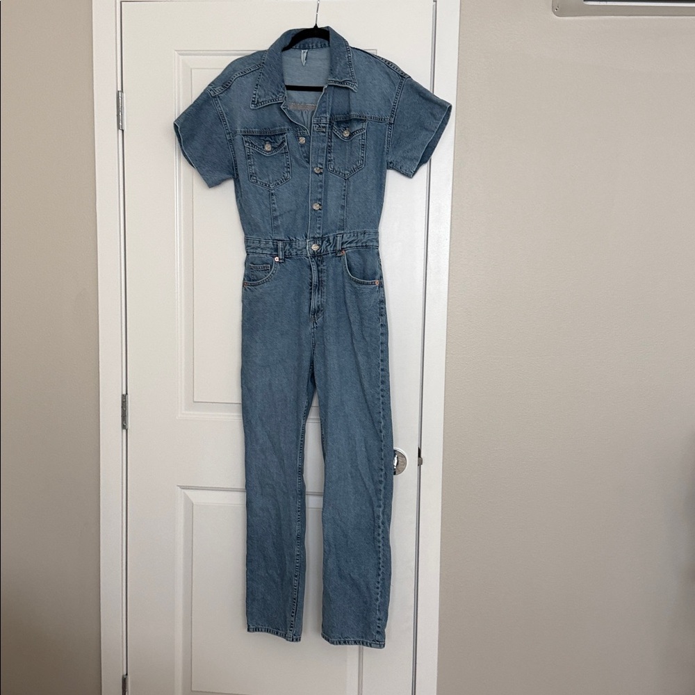 Zara Blue Denim Button-Up Jumpsuit